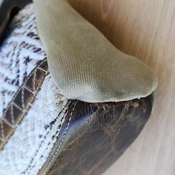 Myra Leather Canvas Woven Khaki Green Brown Boho Tapestry Shoulder Tote Bag. - Picture 6 of 12